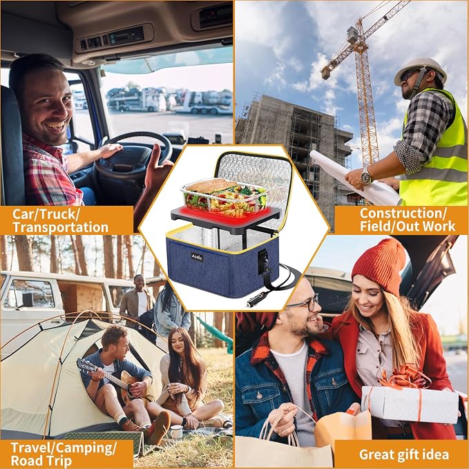 Aotto Heated Lunch Box Food Warmer - 12V/24V 2-in-1 Car Food Warmer with Vehicle Plug - Mini Portable Electric Lunch Box Heater for Men and Women - Reheat & Keep Meals Warm On the Go - Navy Blue