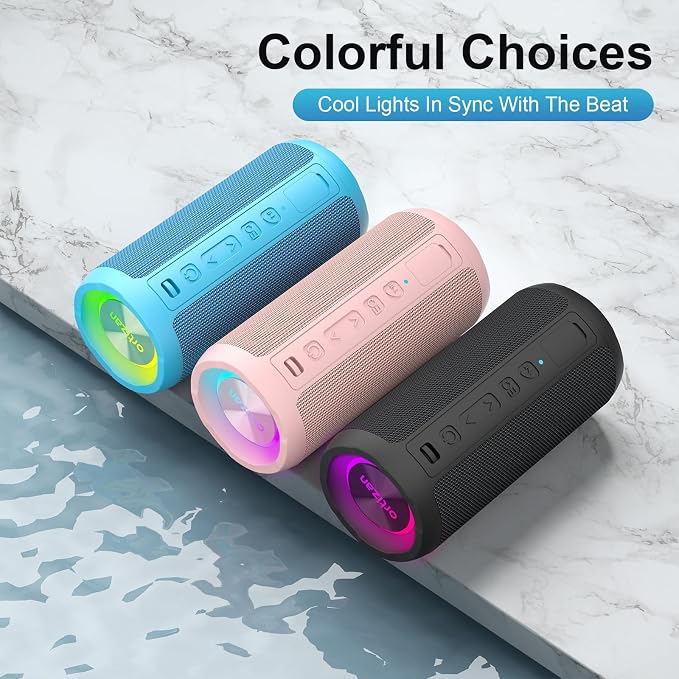 Ortizan Wireless Portable Bluetooth Speaker, IPX7 Waterproof, Dustproof and Rustproof, Powerful 24W Sound, Enhanced Bass, 30 Hour Battery, 360° Party Light, and Stereo Pairing (BT 5.3), Gifts - Pink