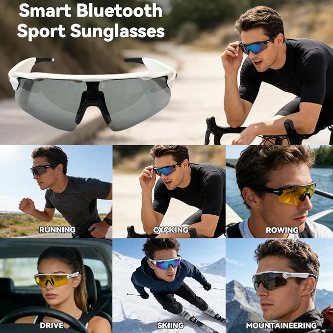Bluetooth Smart Sunglasses for Men Women, Open-Ear Speaker Glasses with Touch Control, UV400 Polarized Lens, 5-6H Playtime for Outdoor Sports,White and Grey