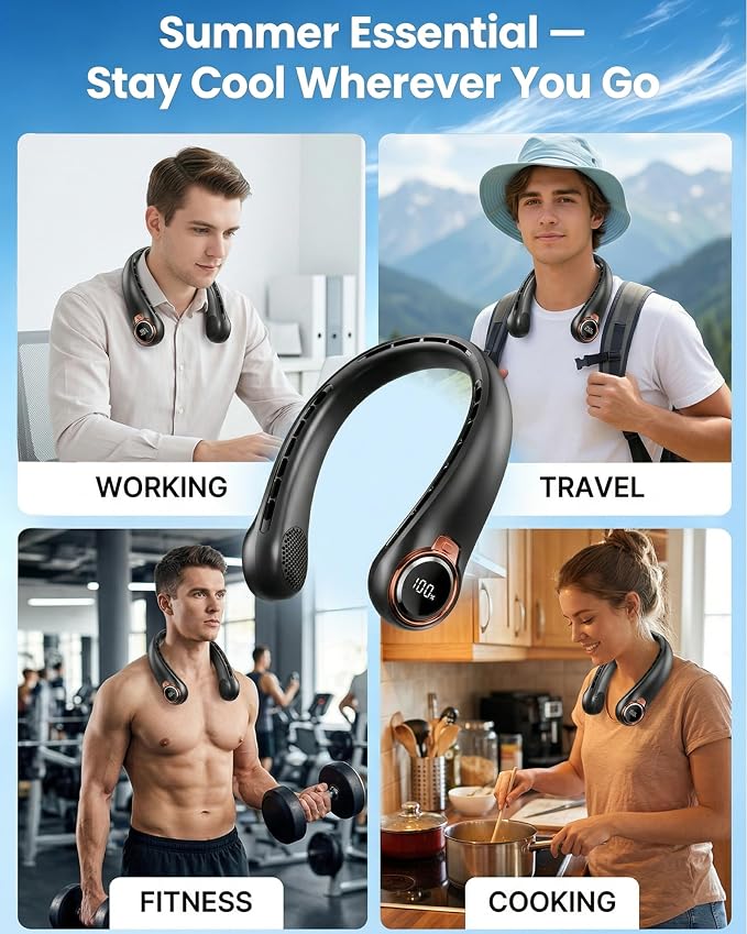 BNBZ Neck Fan, 6000mAh Portable Rechargeable Fan Blows Cold Air with LED Display, 4 Speeds 360° Strong Airflow, Quiet Wearable Personal Cooling Fan for Outdoor Travel,Fireplace Fans-Gray