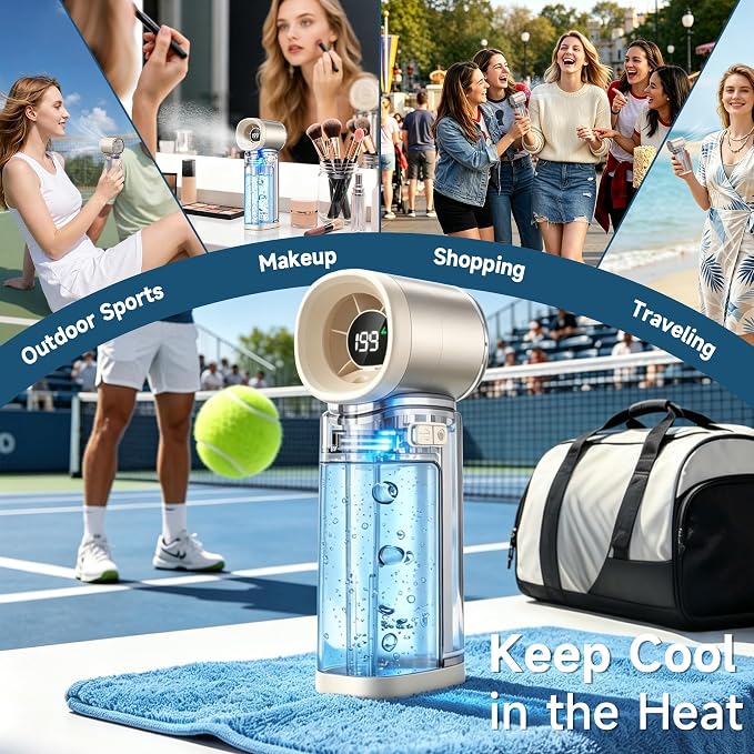Handheld Misting Fan, Portable Personal Turbo Fan with Nano Mist Spray, 6 Wind Speed, 40ml Water Tank, LED Light, 3000mAh USB Rechargeable for Travel, Outdoors, Camping, Home and Office Use - Beige