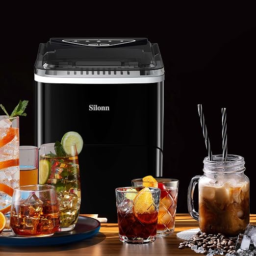 Silonn Countertop Ice Maker, Auto-Cleaning Portable Ice Machine with Ice Scoop and Basket, 26lbs in 24Hrs, 9 Ice Cubes Ready in 6 Mins, 2 Sizes of Bullet Ice for Home Party
