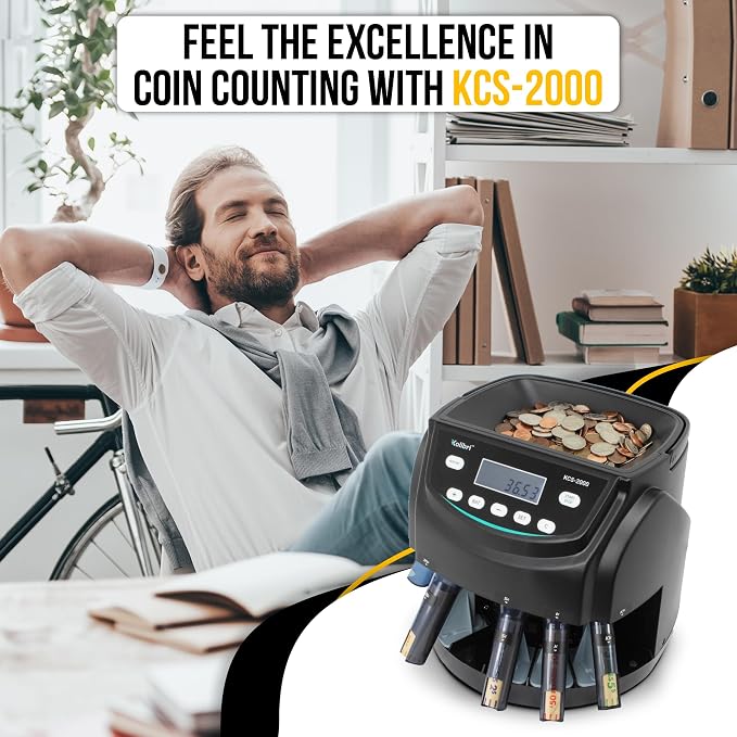 Kolibri KCS-2000 Professional USD Coin Counter Machine, Coin Sorter, Wrapper/Roller | 300 Coins/min, LED Display, Batch Feature | USD Change Counter (USA Tech Support)