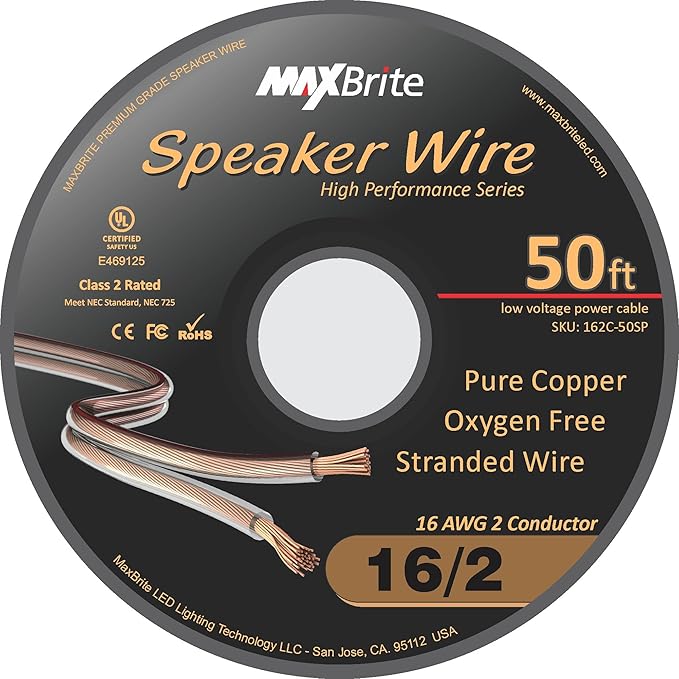 50 ft. Spool High Performance 16 Gauge Speaker Wire, Oxygen Free Pure Copper - UL Listed Class 2