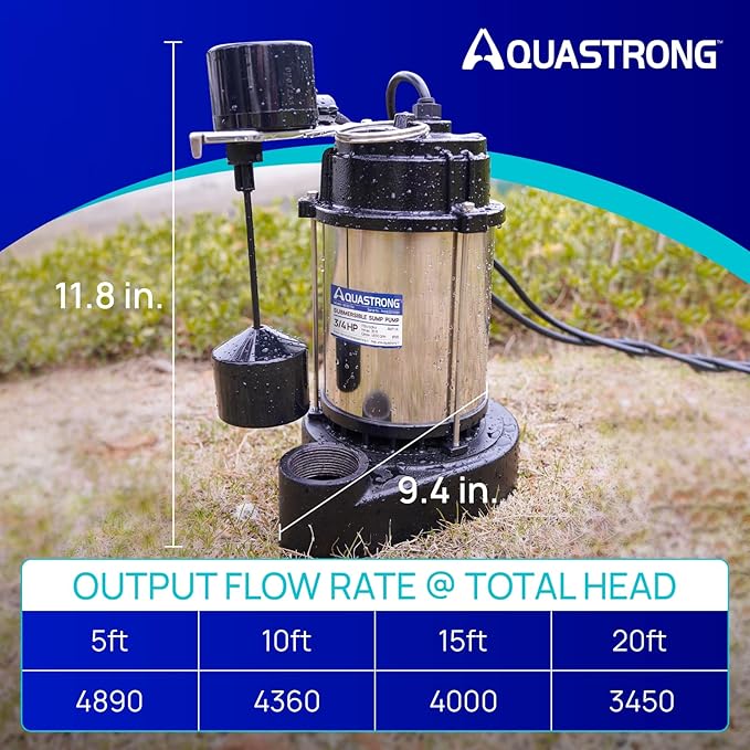 Aquastrong Sewage Grinder Pump, Cast Iron Effluent Pump, Auto Float Switch for Basement Sump Basin and Sewage Well, 2 inch Discharge, Stainless No Grinder with Piggy-back Plug
