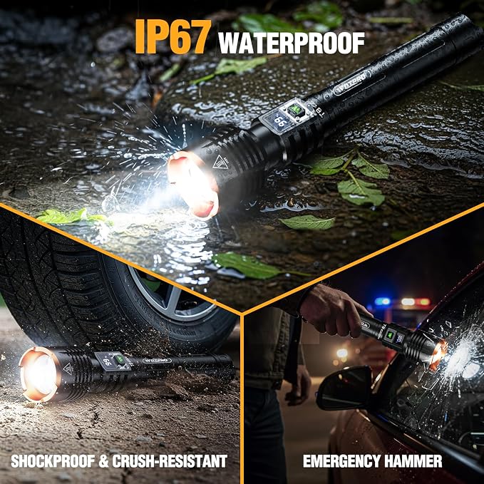 WdtPro Rechargeable LED Flashlights High Lumens, Super Bright 90000LM Rechargeable Flashlight with LCD Display, 5 Modes & Waterproof Powerful 10000mAh Handheld Flashlight for Camping Emergency