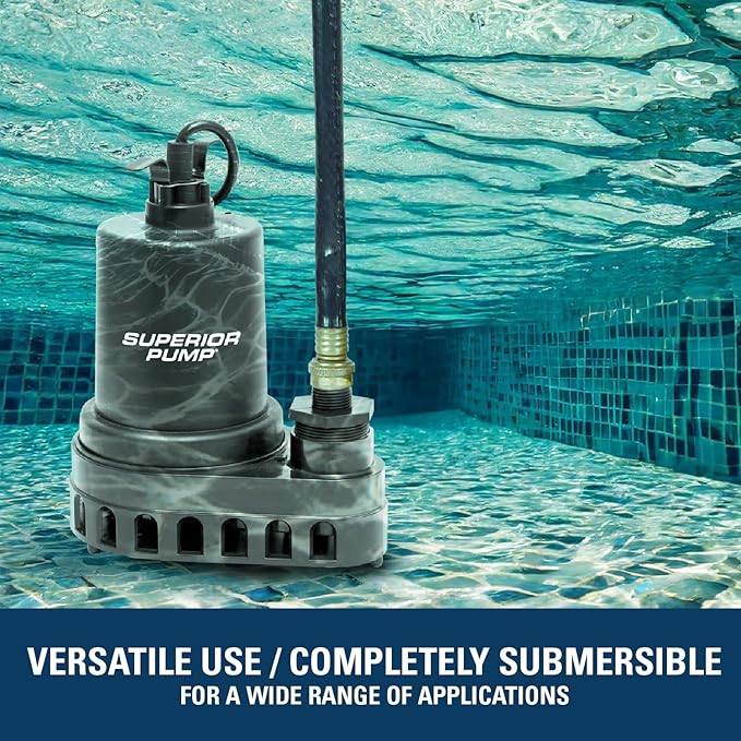 Superior Pump 91570 3300GPH Thermoplastic Submersible Utility Pump with 10-Foot Cord, 1/2 HP
