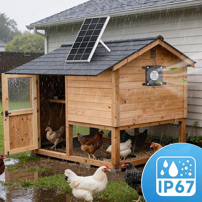 25W Solar Fan for Chicken Coop with Thermostat, Adapter, Metal Solar Powered Exhaust Fan Brushless Motor, MPPT Controller Dual Power Auto-Switch, 24/7 Operation, Dog House, Small Shed Greenhouse