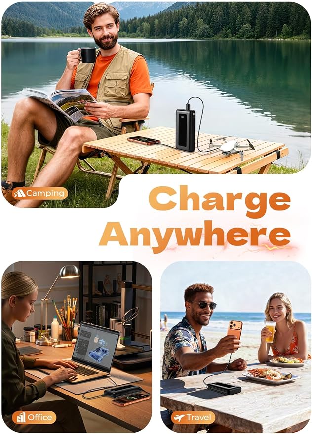 Moihosso Portable Charger Power Bank, 50000mAh Travel Camping Essential Battery Pack, Built-in iOS & Type-C Cables, 22.5W Fast Charging Portable Phone Charger, for iPhone, Android, Pad - Onyx