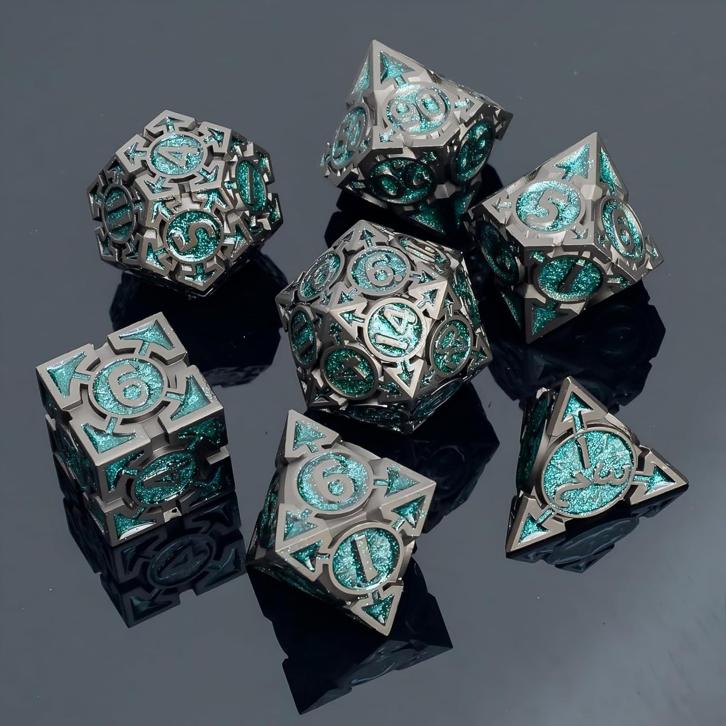 Green Black Nickel Finish Heavy Metal DND Dice Set (Ranger) with A Metal Box, Sharp Edge Zinc Alloy D&D Accessories, D4-D20, Designed for Dungeons & Dragons Master, RPG Player, Starter