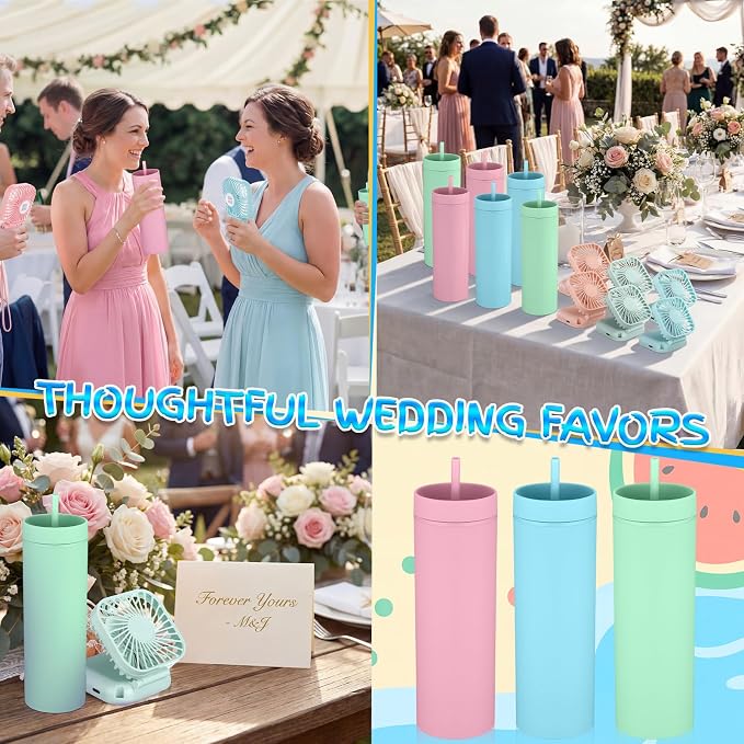 Reallnaive 6 Pcs Skinny Tumbler Bulk and Mini Portable Fans Set for Summer, 16 oz Plastic Cups with Lids Straws and Small USB Rechargeable Handheld Fan for Cooling Gift (Pink,Light Blue,Turquoise)