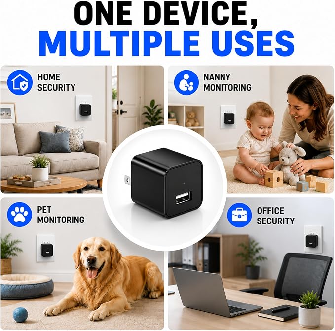 64G USB Charger Hidden Camera, 1080P Motion Detection Indoor Security Camera with SD Card Included, No WiFi/Monthly Fee, 106° Wide Angle, Local Storage Home Monitoring Device (2026 Upgraded)