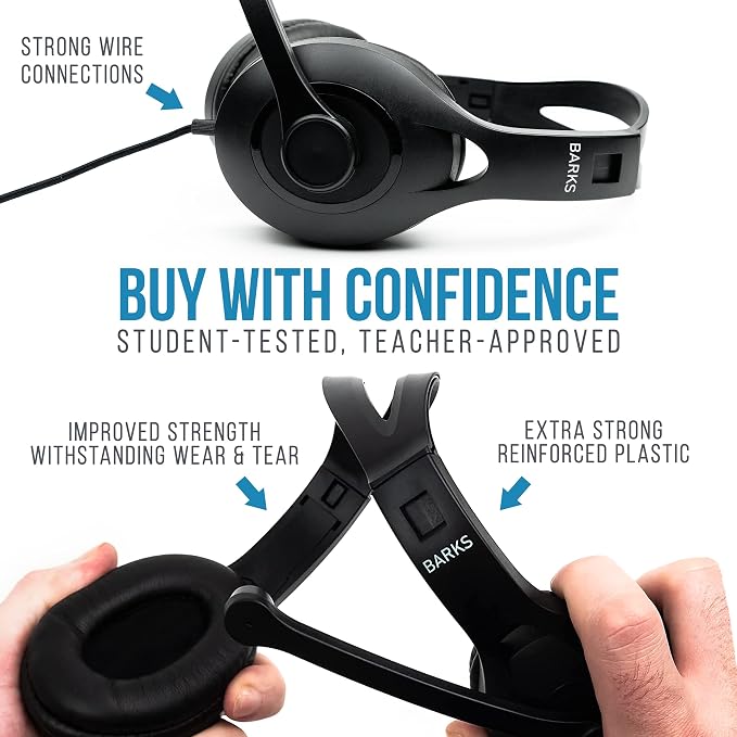 Barks Classroom Headphones with Microphone Bulk 10 Pack (Black, 3.5mm) | Durable Everyday Student Use, Headsets with Mic, Adjustable Fit All-Day Comfort, Clear Voice, Easy Clean, K-12 School Testing