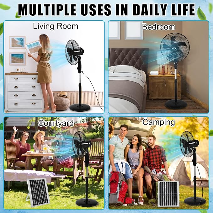 Blosssound 16 Inch Portable Solar Floor Fan Rechargeable Oscillating Standing Pedestal Fan with Solar Panel, 12000mah Battery, Two Charging Methods, 3 Speeds for Home Office Outdoor (Black)