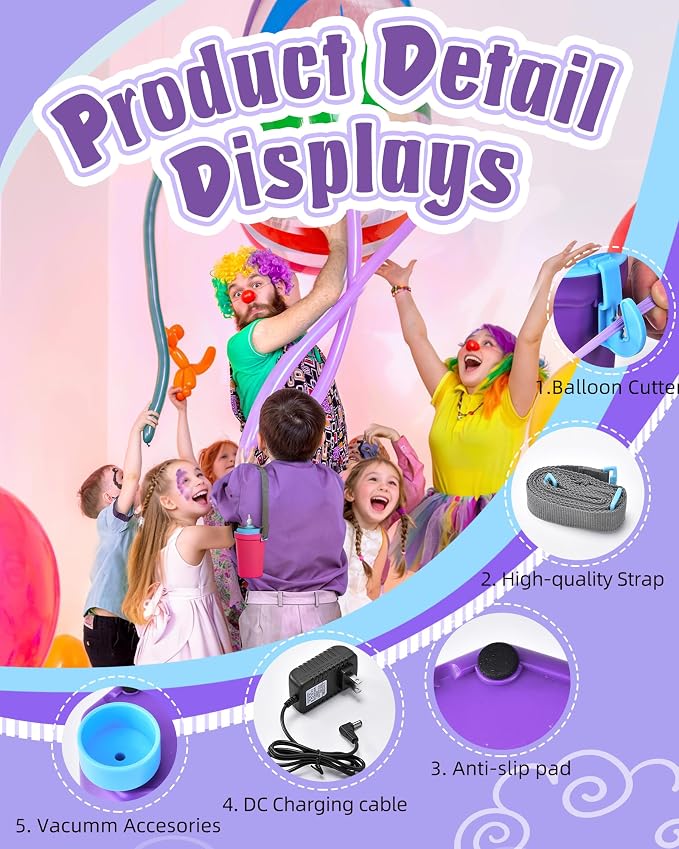 Portable Balloon Pump Electric, Rechargeable Cordless Balloon Pump Inflator for All Balloons, Latex 260q Foil Mylar Balloon Inflation, Quick-Fill Inflator& Deflator for Inflatables,Purple & Blue
