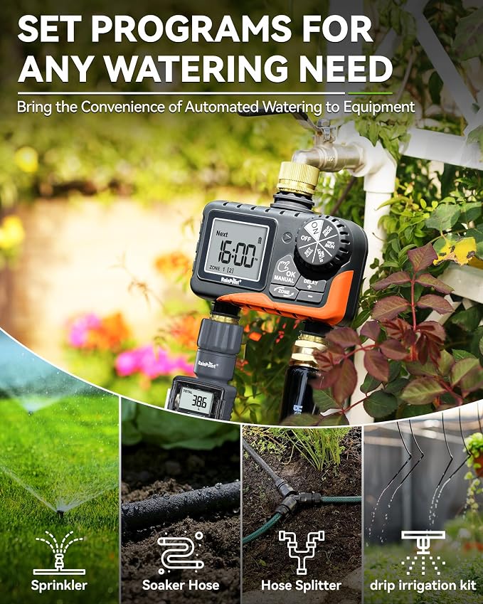 RAINPOINT 2 Zone Sprinkler Timer with Brass Inlet and Outlet - Water Timer for Garden Hose with Rain Delay/Manual Watering/Automatic Irrigation Controller for Yard(Orange)