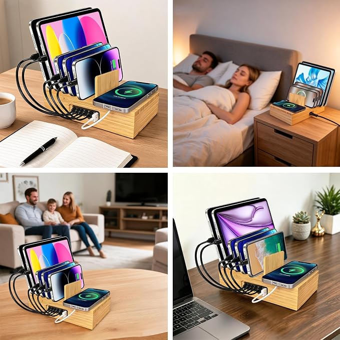 PD 100W Charging Station for Multiple Devices,6 Port USB Bamboo Charging Station Organzier with Detachable 15W 3 in 1 Wireless Charger Station for iPhone Android Apple Watch AirPod Tablet