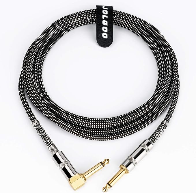 JOLGOO Guitar Cable, 1/4 Inch Cable 15 Ft, Straight to Right Angle 6.35mm Plug Bass Keyboard Instrument Cable, Black and Gray Tweed Cloth Jacket, Electric Mandolin, pro Audio