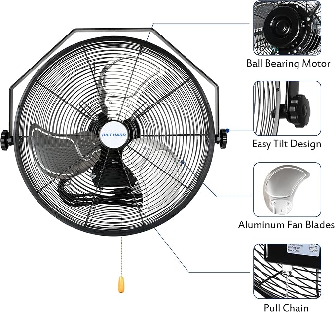 BILT HARD 4300 CFM 18 in. Industrial Wall Mount Fan, 3-Speeds High Velocity Wall Fan with Sealed Motor, Heavy Duty Metal Barn Fans for Garage, Commercial, Greenhouse, Warehouse, Shop Use