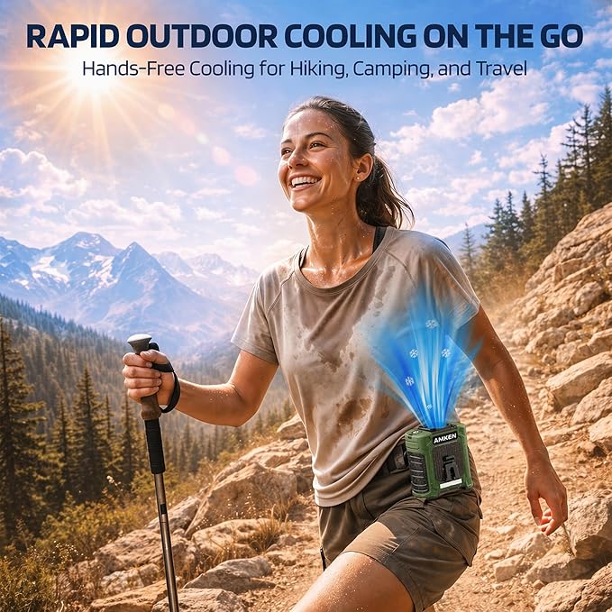 AMKEN Waist Fan, 10000mAh Rechargeable Belt Clip Fan, 59ft/s Airflow, 6-Speed 18500RPM Wearable Cooling with Bottom Air Intake, LED SOS Warning Light, Charge 2 Phones for Jobsite Camping