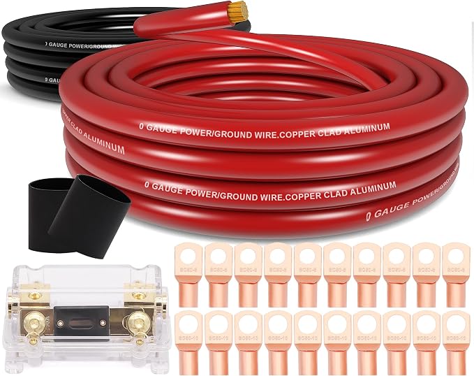 1/0 Gauge Battery Cable Wire Copper Clad Aluminum CCA Amp Wiring Kit 40FT Black/Red for Automotive Power Ground,Car Audio Speaker,RV Truck with 250A ANL Fuse Holder Lug Terminal Heat Shrink Tube