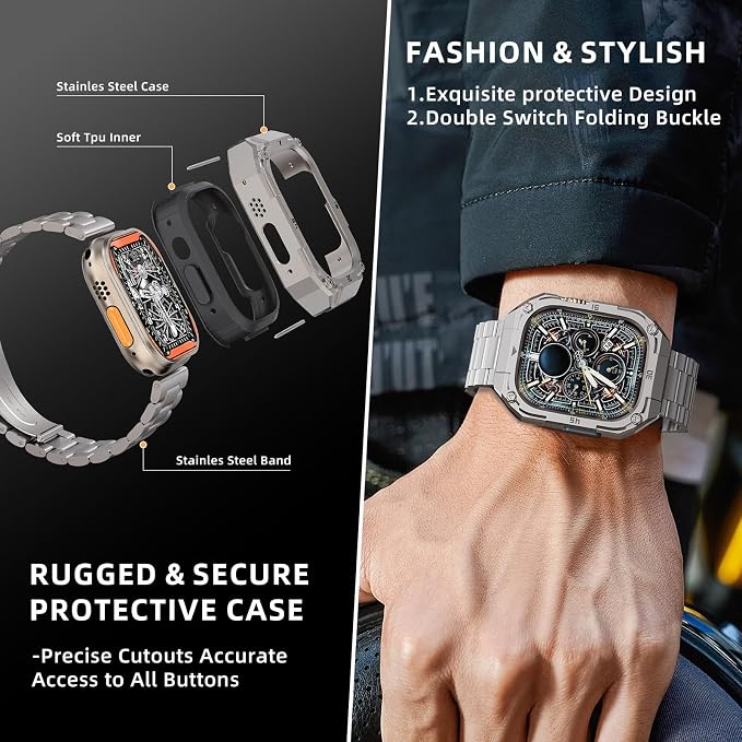 Casual Stainless Steel Watch Case with Band Compatible with Apple Watch Series 11 10 46mm Band for Men,Metal Protective Bumper Cover iwatch Band with Strap,Titanium