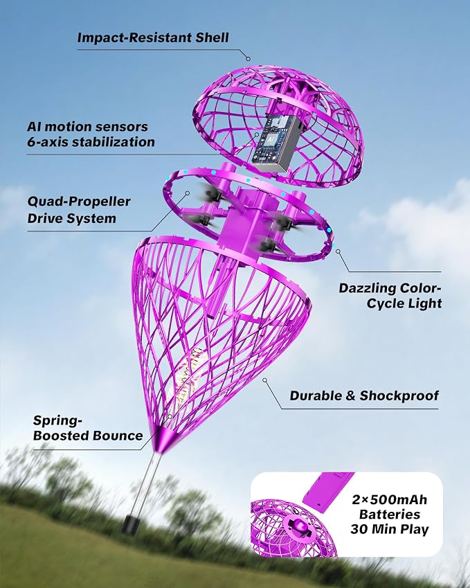 Flystars Flying Bouncing Toys, Next-Gen Pro 2026 Cosmic Globe Flying Orb Ball Motion-Control Hover Spinner with 3D Flips, Cool Birthday Toy for Kids 6+ Boys Girls Teens (Purple-L)