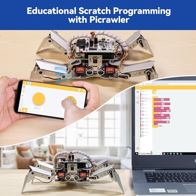 SunFounder PiCrawler AI Robot Kit for Raspberry Pi 5/4/3B+/Zero 2W, Openclaw LLMs ChatGPT/Gemini/Grok, Voice&Video Recognition, Python/Scratch, Mic, Camera (RPI NOT Included)