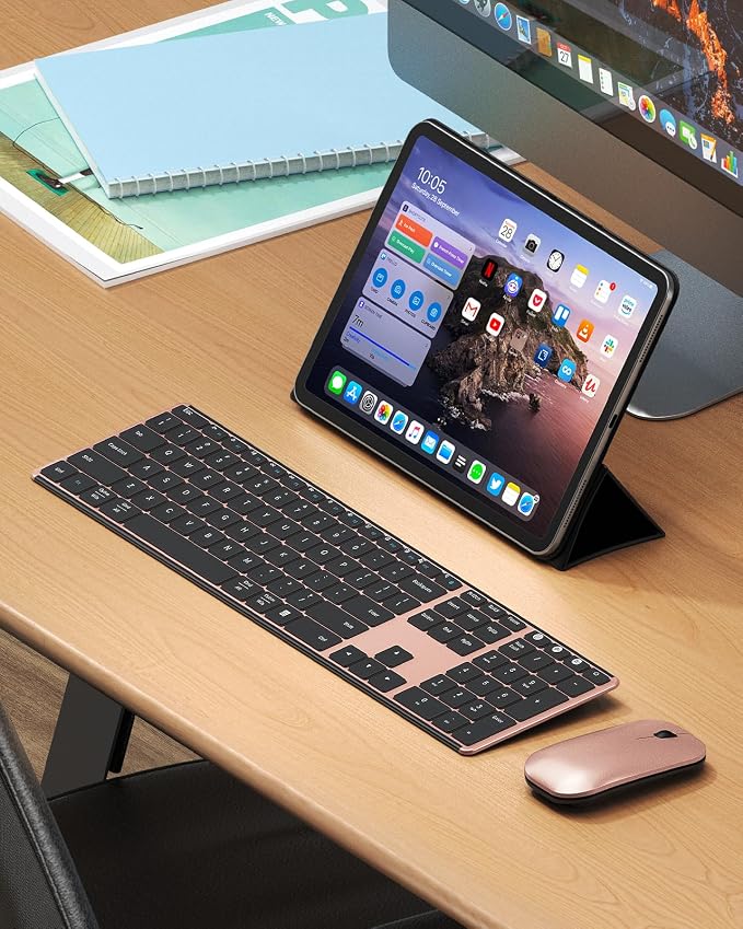 seenda Wireless Bluetooth Keyboard and Mouse Combo, SKM64-3 Rechargeable Slim Quiet Keyboard Mouse, 3 Multi-Device Connection, Compatible for Windows 11/10 PC Laptop Mac MacBook iPad, Black Rose Gold