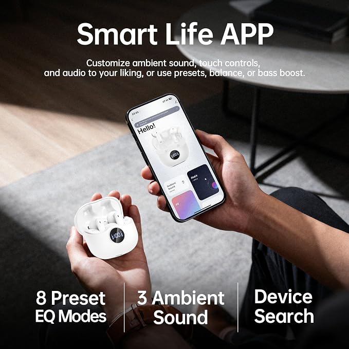Adaptive Hybrid Active Noise Canceling 2026 Wireless Earbuds, 6 Mics ENC Clear Call Ear Buds, Hi-Res Audio Deep Bass Bluetooth 5.4 Headphones, 40H Playtime, LED, for Sports Running Gym Workout, White