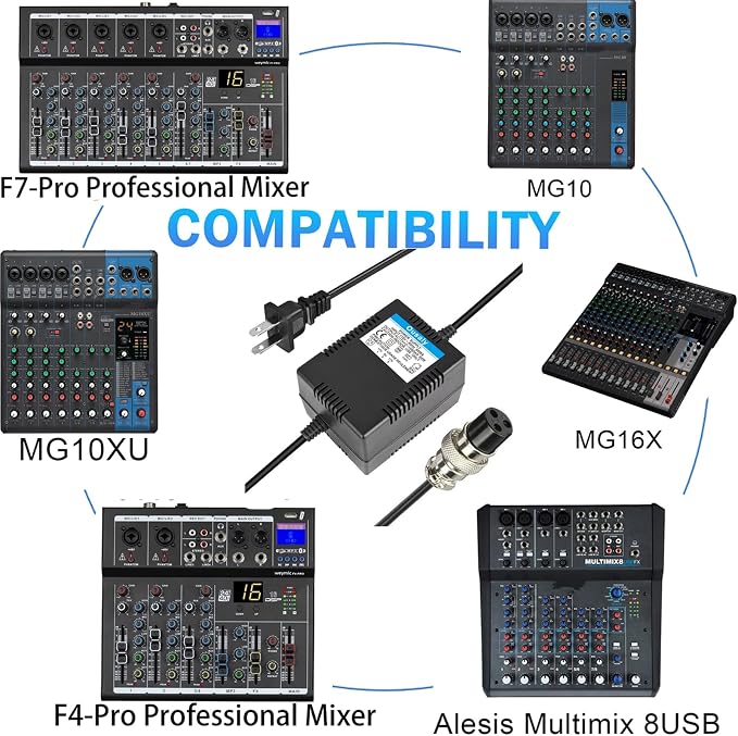 AC17VX2 1500mA for Mixing Console Mixer Power Supply AC Adapter 3-Pin Connector Plug for Yamaha F4/F7/6FX/MG82X/MG10U/MG10xuf/PA-10/Alesis Multimix 8 USB/MG16/MG166CX/MG166C/ MX1804X,Pedalboard Power