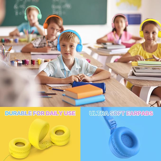Classroom Headphones Bulk 10 Pack - Kids Headphones for School K-12 Student, 93dB Volume Limited On-Ear Wired Headset with Microphone, Durable 3.5mm Jack for Class Set Library Computer (Mixed Color)