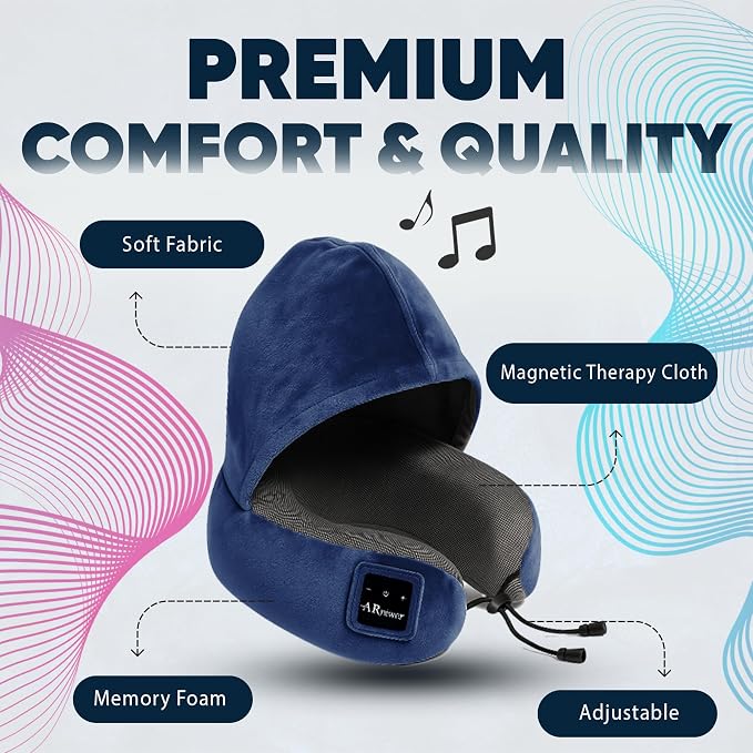 Bluetooth Music Semicircular Neck Pillow with Hood Wireless Bluetooth Speaker Suitable Airplane,Car,Office,and Outdoor Camping for Sleeping, Resting The Best Travel Essentials. (Navy Blue)