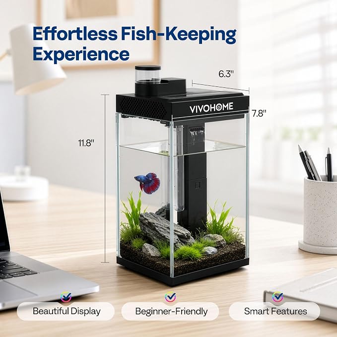VIVOHOME 2 Gallon Smart Fish Tank with APP Control, Aquarium Starter Kit with Auto Feeder, Filter, Temperature Display, RGB LED Light, Desktop Mini Fish Tank for Betta, Shrimp