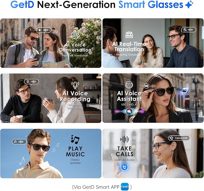 GetD 2026 AI Glasses for Men & Women, Smart Glasses Powered by ChatGPT, AI Real-time Translation with 145 Languages, 11H Music Play, Bluetooth Glasses with Photochromic Lens for Daily Use, Travel