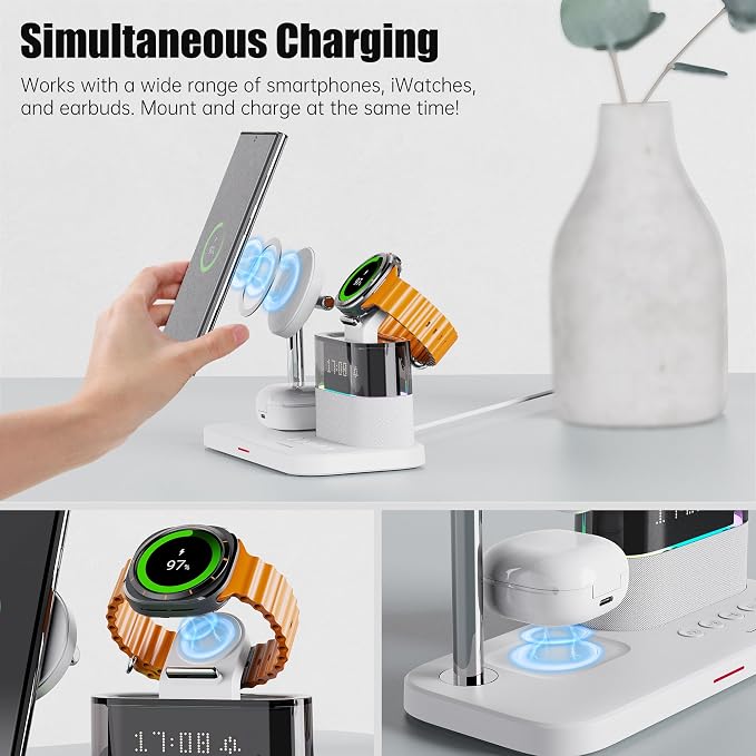 Magnetic Charger for Samsung, 5 in 1 Wireless Charging Station with Alarm Clock for Samsung Galaxy S25 Ultra/S24/S23/S22,Galaxy Watch 7/6/4/5,Galaxy Buds/Pro, White