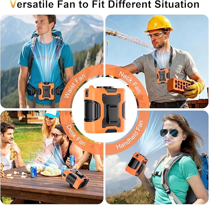 Portable Waist Fan Personal 14500mah 100 Speeds Clip On Shirt Fan Belt Cooling Device Wearable Cool Body Blow Cold Air Rechargeable Pocket Mini Men Workers Outdoor Travel Hiking Gifts