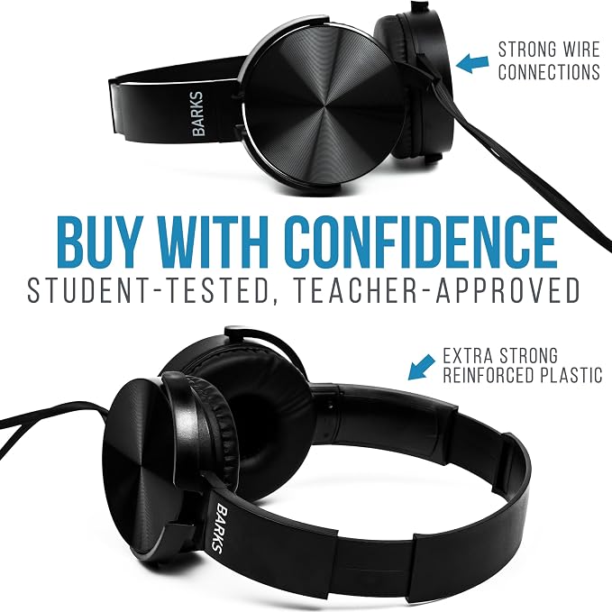 Barks Classroom Headphones with Microphone (Black, 12 Pack) - Wired 3.5mm On-Ear Bulk Headphones for Classroom: Best for Students K-12 Schools (Durable, Inline Microphone, Great Recording Quality)