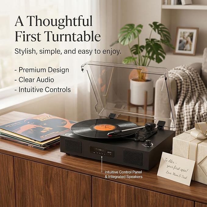 Vinyl Record Player with Built-in Stereo Speakers, Vinyl to USB Recording, Belt Drive 3 Speeds Turntables for Vinyl Records Support Bluetooth Input AUX RCA Output, Black