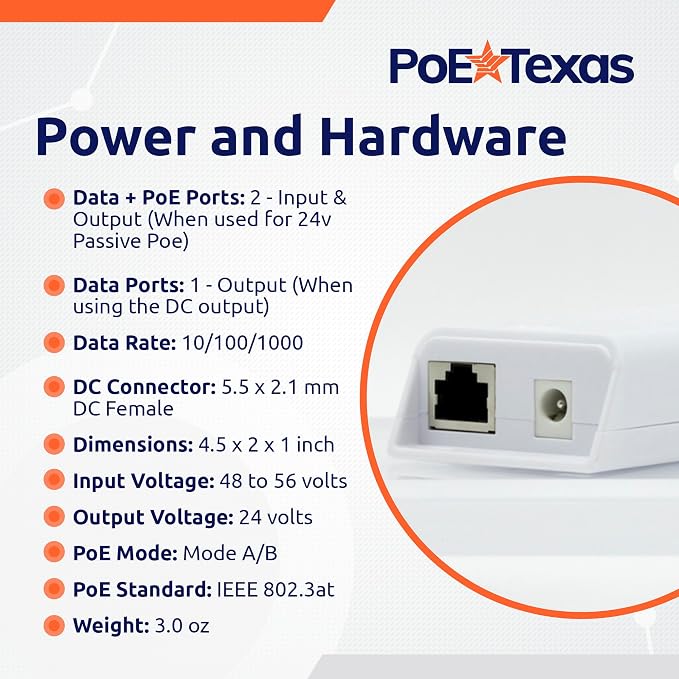 PoE Texas 48v to 24v PoE Converter - Inline PoE Splitter with 24 Volt 25 Watt PoE or DC - Converts IEEE 802.3at PoE+ to 24V Passive PoE or 24V DC Output with Gigabit Data for Ubiquiti and Mikrotik