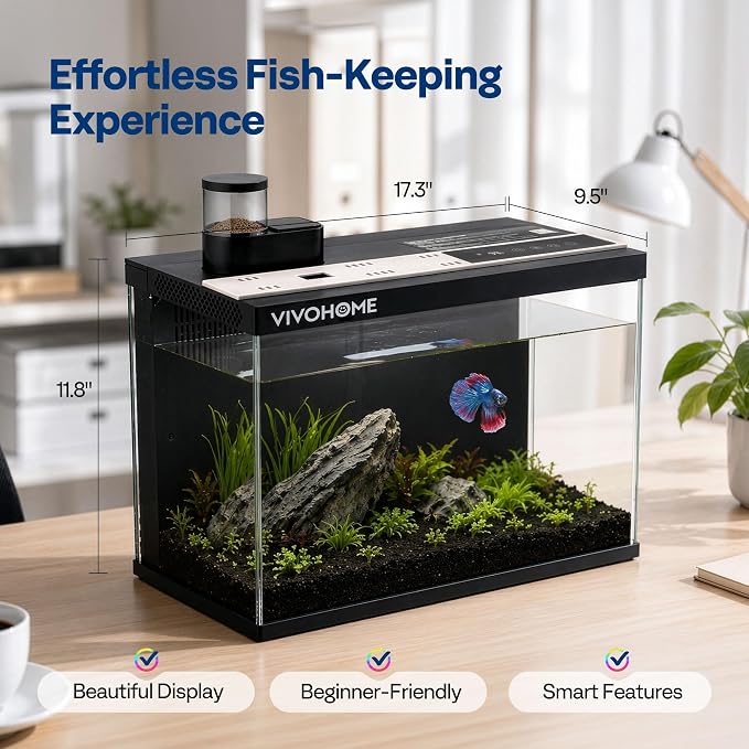 5 Gallon Smart Fish Tank with APP Control, Aquarium Starter Kit with Auto Feeder, Temperature Display, RGB LED Light, Self Cleaning Betta Fish Tank for Desktop