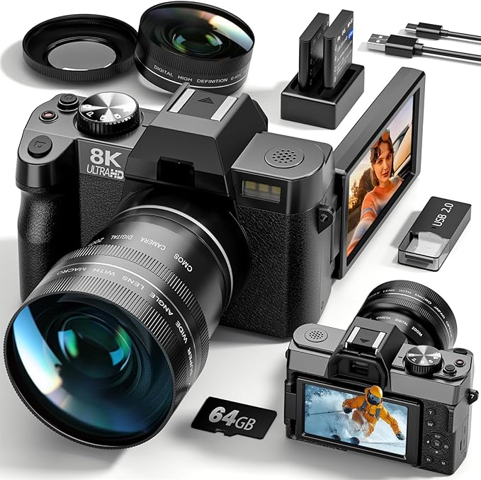 G-Anica 8K Digital Cameras for Photography with Dual-Lens, 64MP WiFi Vlogging Point and Shoot Camera Kit with 180° Flip Screen, 16X Zoom, 64GB Card, Portable Camera for Beginners, Teens, 2 Batteries