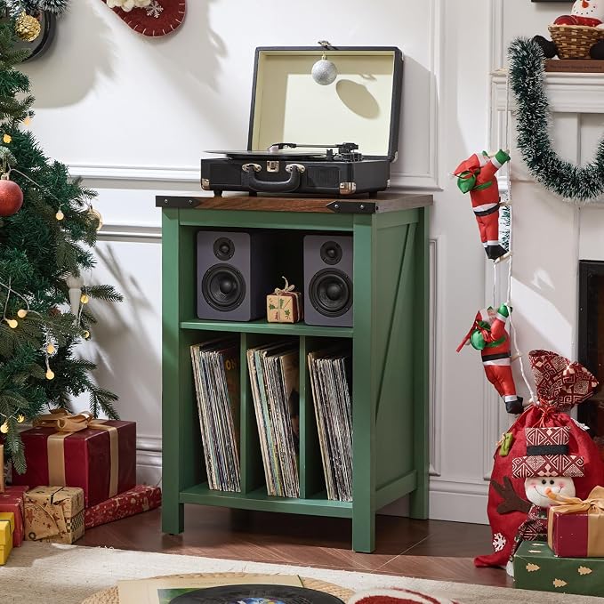 Joaxswe Record Player Stand with Vinyl Record Storage,Green Record Player Table Holds up to 160 Albums,Large Wood Turntable Stand Cabinet Dispaly Shelf for Living Room,Bedroom,Office