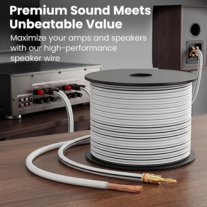 GEARit 12 Gauge Speaker Wire Cable 200 ft,White Speaker Wire with Foot Markers & Polarity Markings,12 Gauge Wire for Car Audio & Home Theater Speakers,Audio Cable for DIY Installations,CCA
