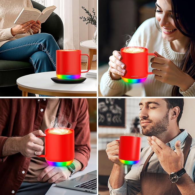 Vsitoo S6 Plus 12oz Smart Self Heating Coffee Mug, AI Auto-Sensing Heated Espresso Mug Temp Control 120-150℉, Rechargeable Mug Warmer with Music LED, IPX7 Gift for Women Men-Red