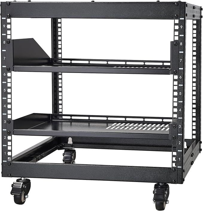 VEVOR 9U Open Frame Server Rack, 23''-40'' Adjustable Depth, Free Standing or Wall Mount Network Server Rack, 4 Post AV Rack with Casters, Holds All Your Networking IT Equipment AV Gear Router Modem