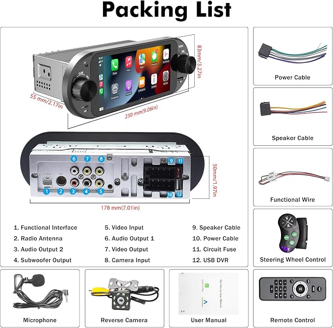 6" Single Din Touchscreen Car Stereo with Wireless Apple CarPlay & Android Auto,Dual Knobs,Bluetooth 5.2, FM/AM,EQ, USB,Type-C Fast Charging,8-LED Night Vision Backup Camera,Carplay Screen for Car