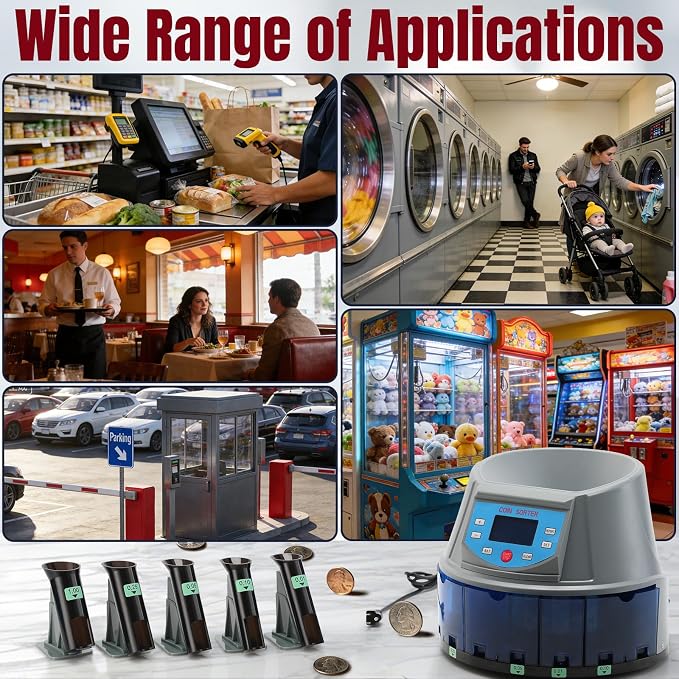 Coin Counter with LCD Dual-Display, Coin Sorter 300 Coins/min, Change Machine Large Capacity Hopper for 1¢ 5¢ 10¢ 25¢ $1, Included 5 Coin Bins & 5 Tubes & 5 Wrappers