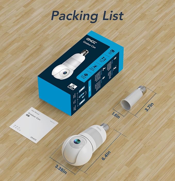 GNCC 2K Light Bulb Security Camera, 2.4G WiFi, Cloud Subscription Required | Easy Install, 350° Pan-Tilt, Motion Detect, 2-Way Audio, Color Night Vision, Light Bulb Timer, Dual Flexible Storage Options