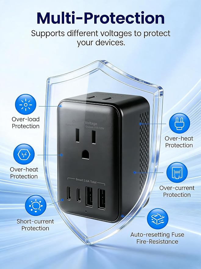 Travel Adapter Voltage Converter US to Europe Power Adapter Step Down Transformer 220V to 110V with 2 USB A 2 USB C & UK/AU/US/EU/South Africa for Hair Dryer (Black)